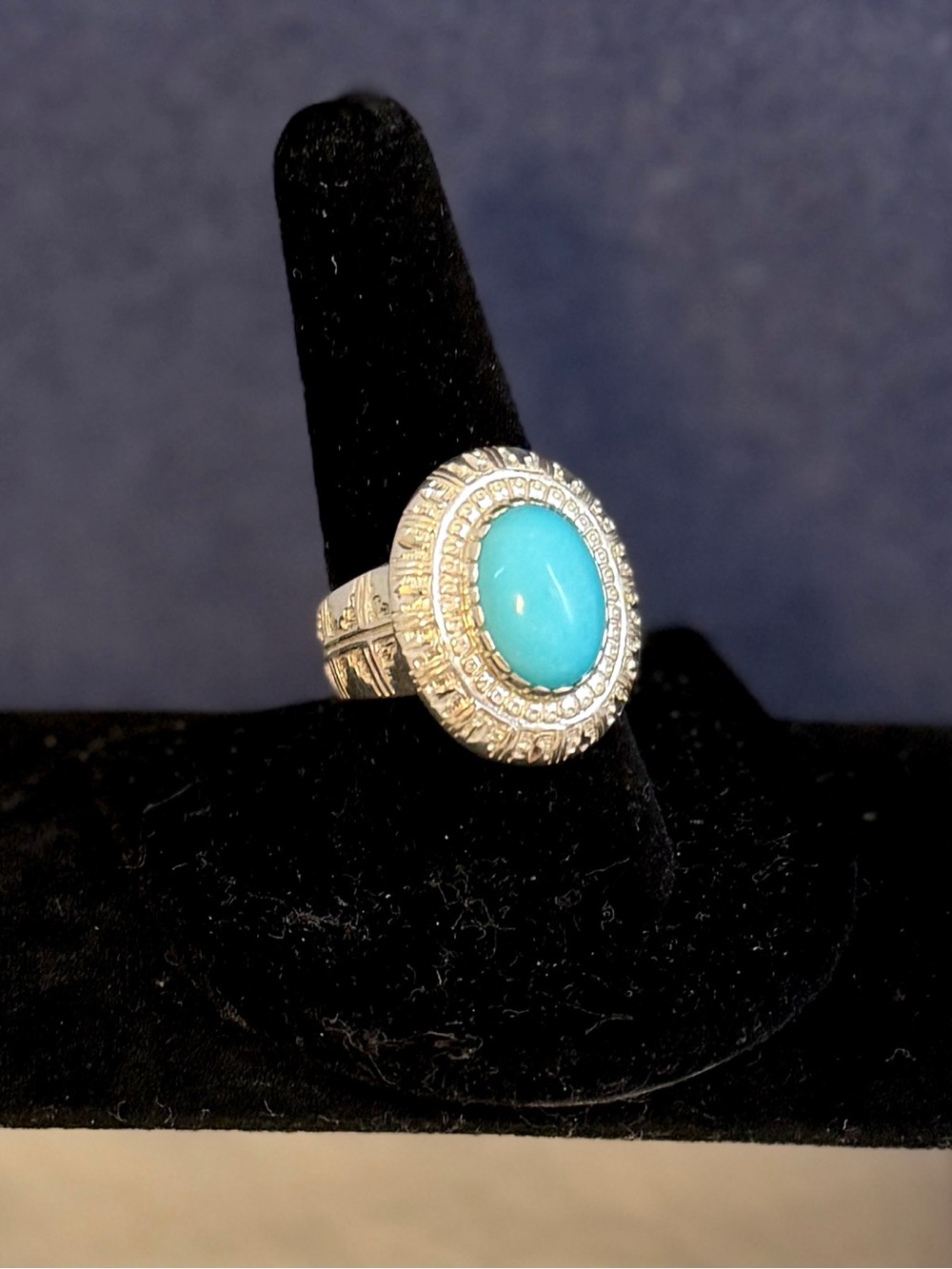 CAROLYN POLLACK Relios Sterling Silver Etched  Turquoise Cabochon Ring; SZ 9